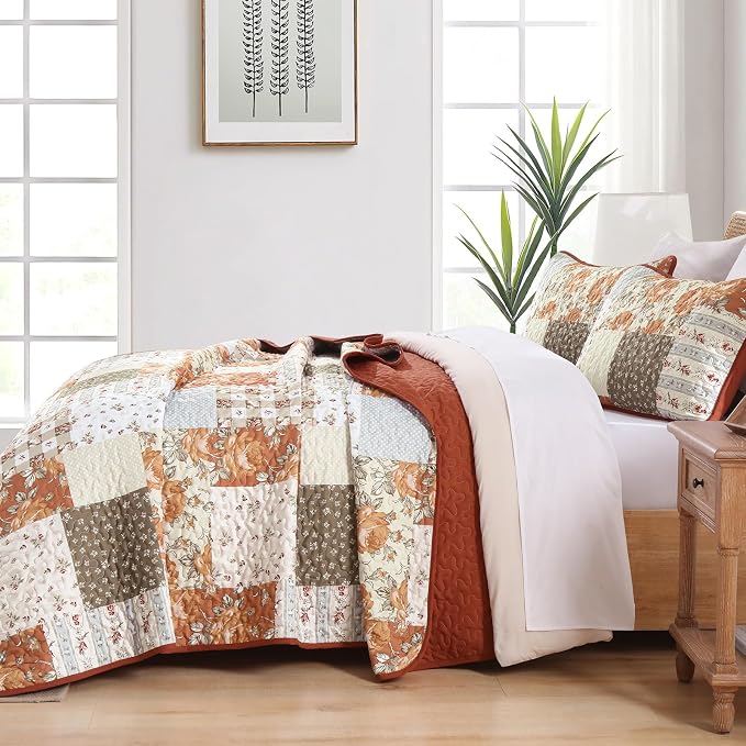 Patchwork Quilts Set King Size 3 Pieces Terracotta Plaid Bedspread Coverlet Set - Image 3