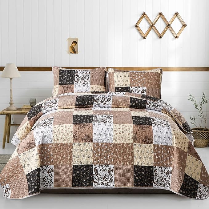 Mybedsoul Brown Quilt Set Twin Size, 2 Pieces Plaid Floral Bedspread Set by Mybedsoul