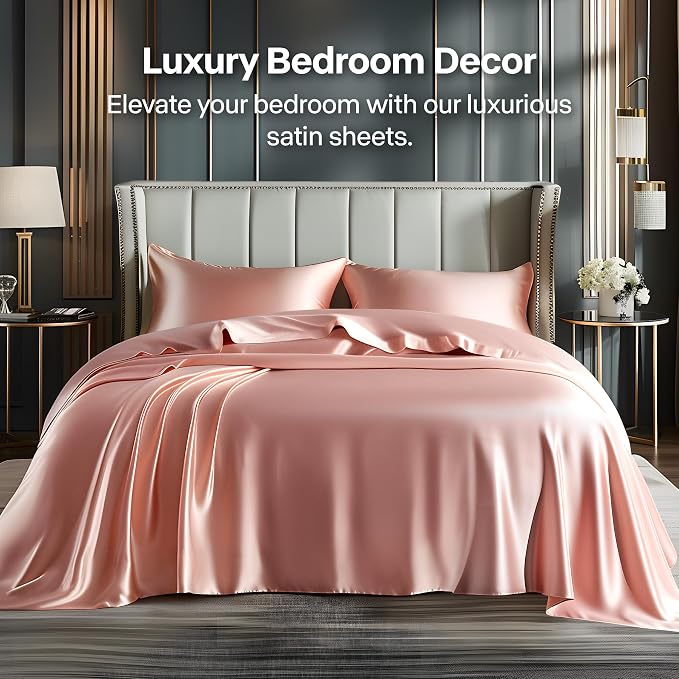BEDELITE Satin Sheets Queen Size Bed Set, Luxury Soft Rose Pink Silky Sheets - Image 2