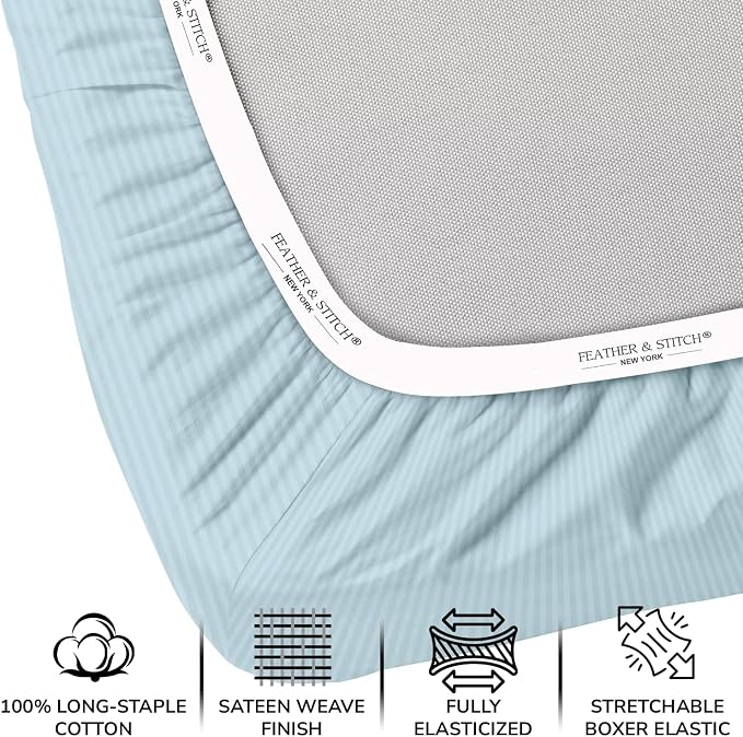 Feather & Stitch 1 Piece Fitted Sheet King Size, 100% Cotton Damask Sateen Weave - Image 2