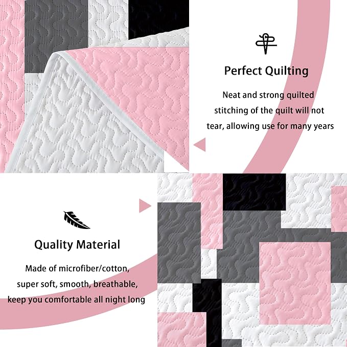 Tyrot 3 Piece Pink Grey Quilt Set Full/Queen Size Pink Gray White Geometric - Image 4