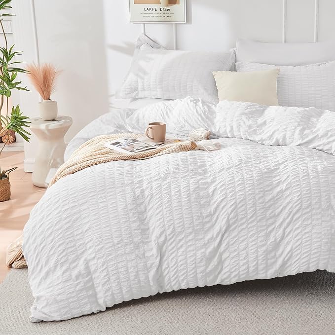 HYMOKEGE White King Size Comforter Set Seersucker 7 Pieces, All Season Luxury - Image 2
