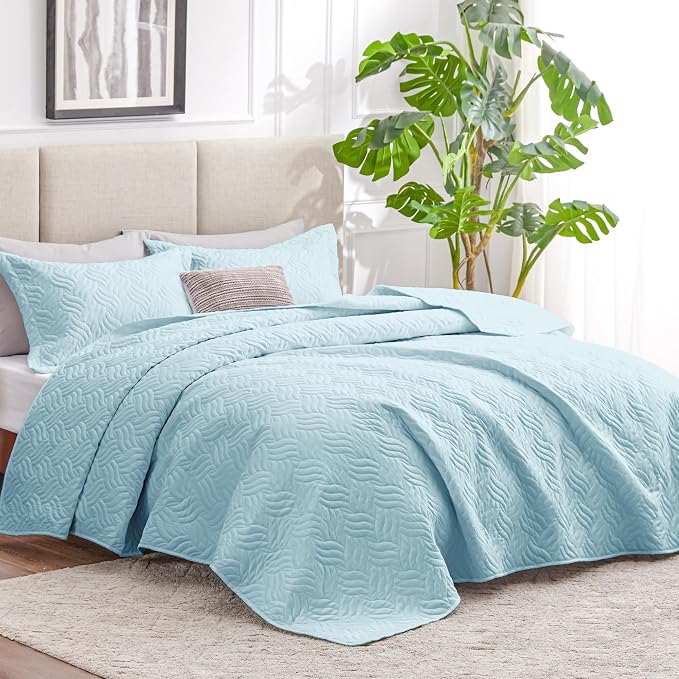Love's cabin California King Size Quilt Bedding Set Light Blue Bedspread - Image 2