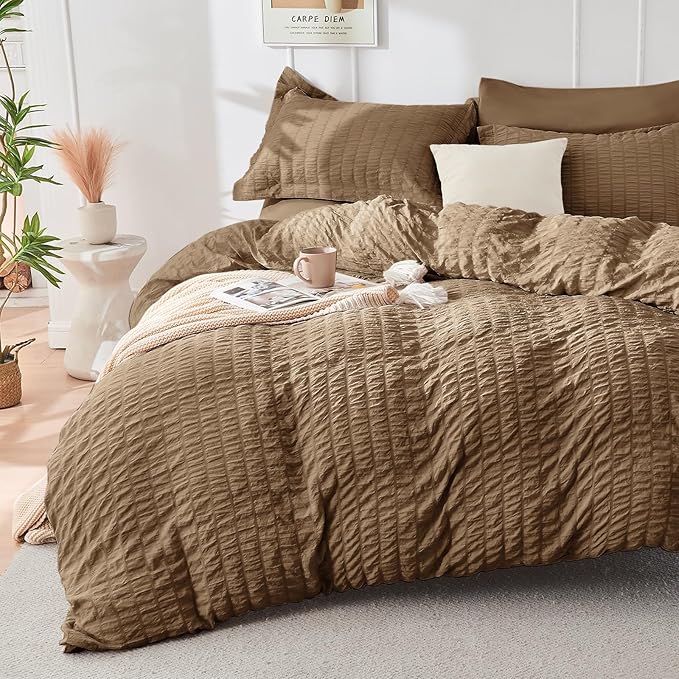 HYMOKEGE Brown Queen Comforter Set Seersucker 7 Pieces, All Season Luxury Bed - Image 2