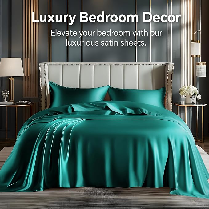 BEDELITE California King Sheets Set, Luxury Soft Teal Satin Sheets - Image 2