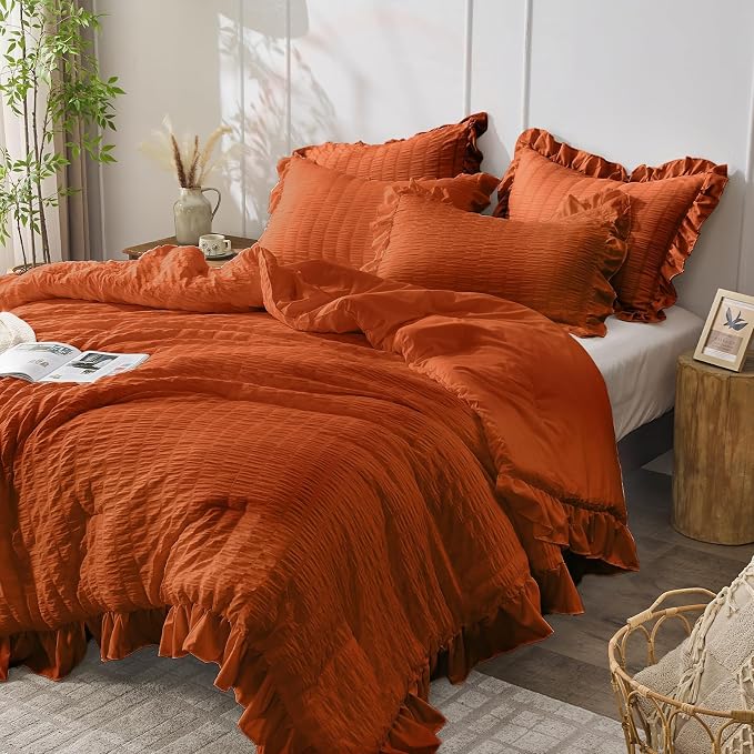 JOLLYVOGUE Burnt Orange Comforter Full Size, 3 Pieces Seersucker Lightweight - Image 2