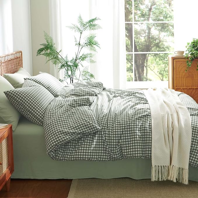 Nayoroom Gingham Duvet Cover King Size 100% Washed Cotton Green Plaid Checkered - Image 4