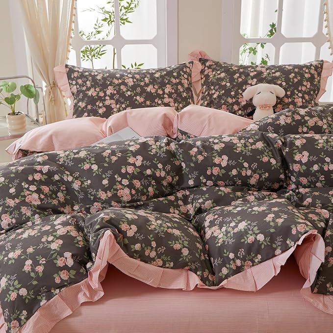 mixinni Vintage Floral Duvet Cover Set Queen Size – 100% Cotton Ruffle Lace - Image 3