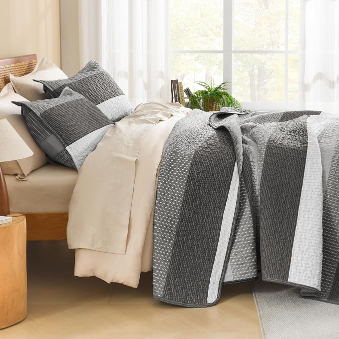 Litanika Quilt Queen Size Dark Grey, Stripe Patchwork Summer Bedspread Coverlet - Image 2