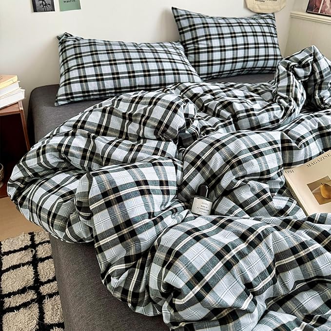 mixinni Vintage Grey & Pale Blue Buffalo Plaid Duvet Cover Set Queen Size by mixinni