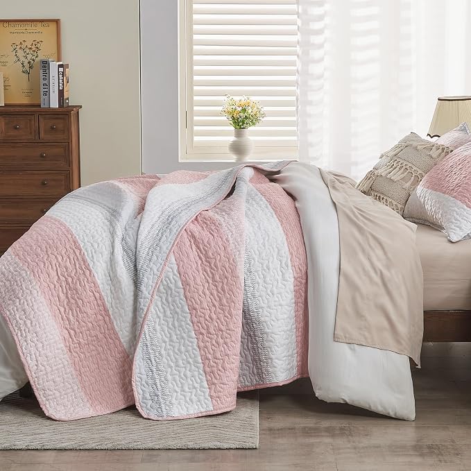 Andency Pink Quilt Cal King, 3 Pieces Patchwork Striped Bedspread Coverlet Set - Image 2
