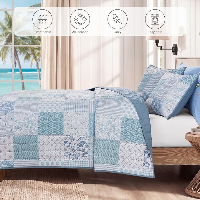 BLOOMHAVEN Quilt Set Twin Size, Patchwork Sea Blue Floral Quilt Sets, - Image 4