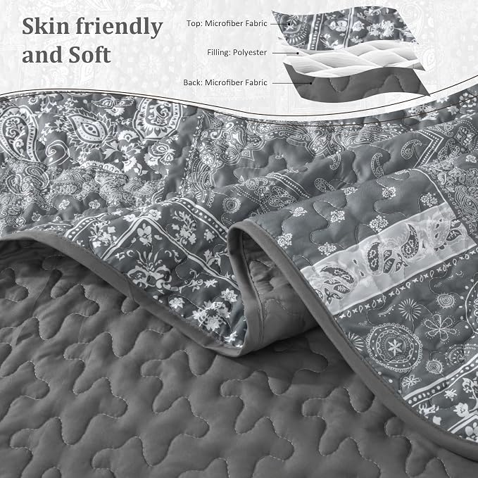 Cottolester Grey Quilt Set King Size, 3 Pieces Boho Patchwork Paisley Quilt Set - Image 4