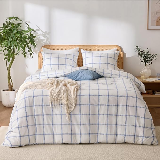 Blue Plaid Duvet Cover Queen Size, 100% Soft Washed Cotton Queen Duvet Cover - Image 6