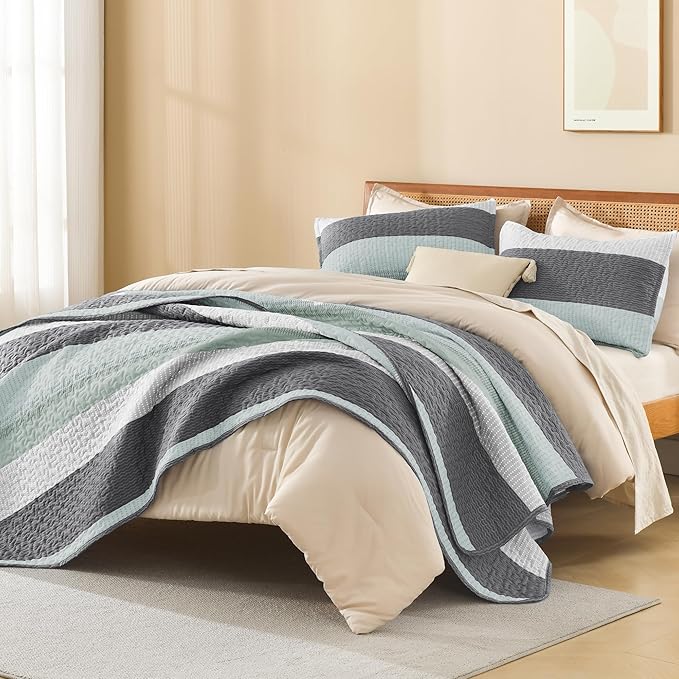 Litanika Oversized Queen Quilt Set Sage Green, 98x98 Stripe Bedspread Coverlet - Image 4