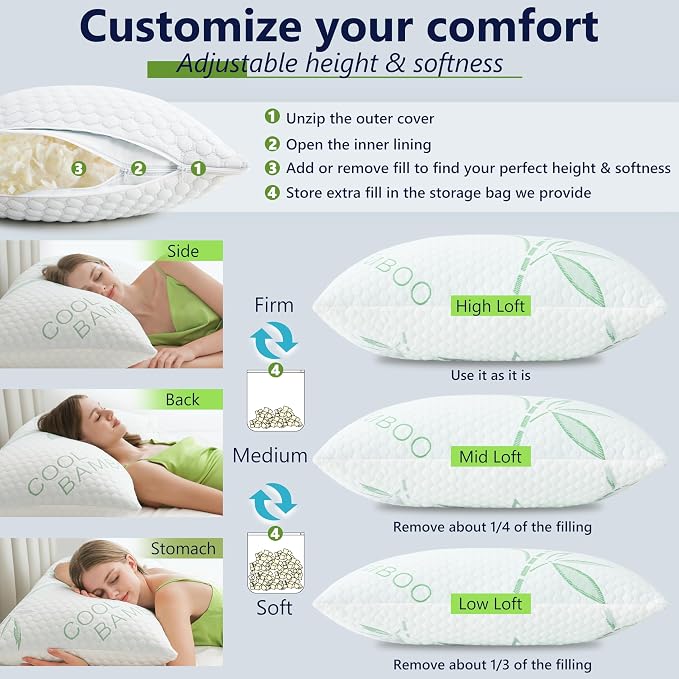 Shredded Memory Foam Pillow, Cooling Pillow Queen Size 1 Pack Adjustable Firm - Image 3