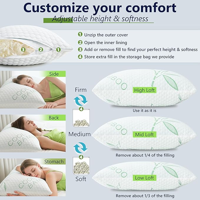 Shredded Memory Foam Pillows, Cooling Pillows Standard Size Set of 2 Adjustable - Image 3