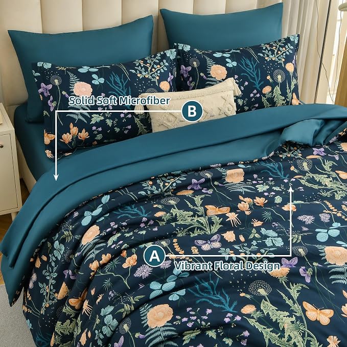 Yiran King Size Comforter Set 7 Pieces, Peacock Blue Botanical Floral Winter - Image 4