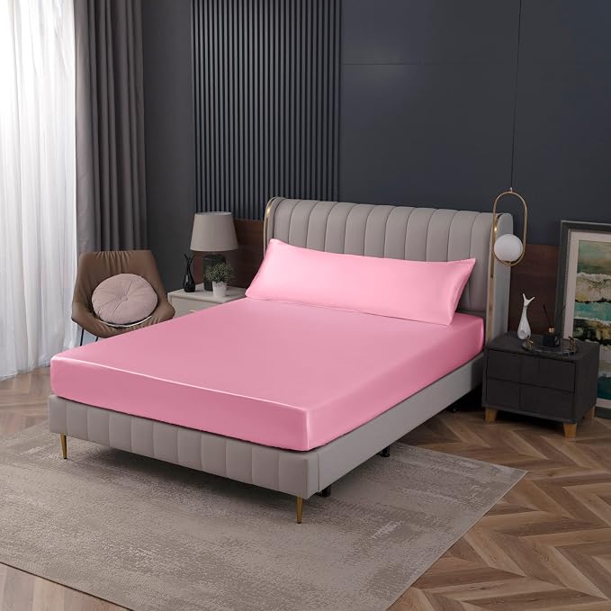 Homiest Pink Satin Fitted Sheet Twin Size, Deep Pocket, Luxury & Ultra Soft - Image 7