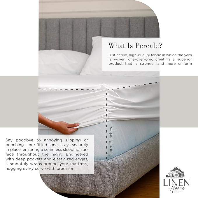 Linen Home 100% Cotton Percale Sheets Queen Size, Deep Pocket, 4 Pieces Set - Image 4