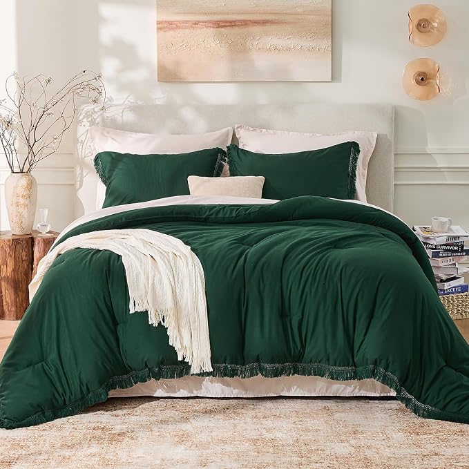 Andency Dark Emerald Green Comforter Set Full, 3 Pieces Boho Lightweight Forest - Image 2