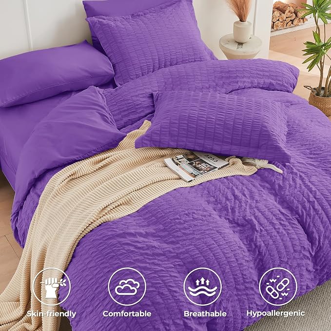 HYMOKEGE Bright Purple California King Comforter Set Seersucker 7 Pieces - Image 3