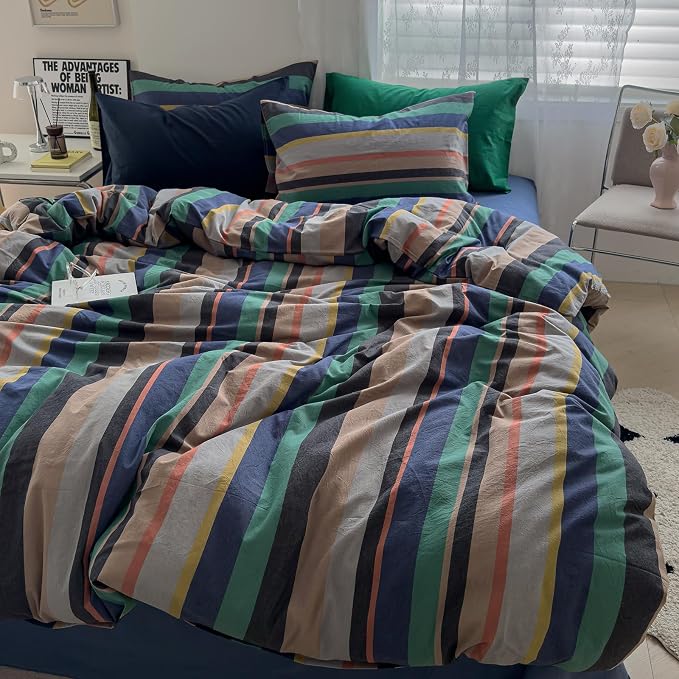 mixinni Blue Striped Duvet Cover Twin XL 100% Washed Cotton 3 Pcs Vintage - Image 3