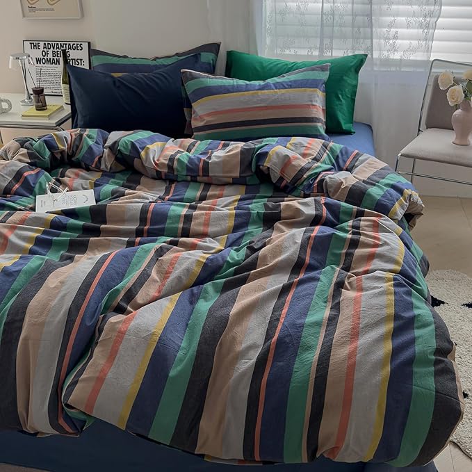 mixinni Blue Striped Duvet Cover Twin Size 100% Washed Cotton 3 Pcs Vintage - Image 3