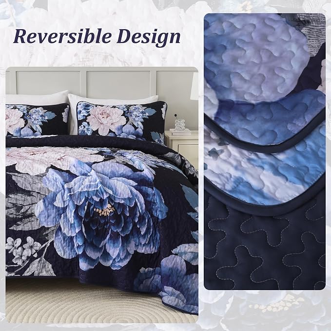 WONGS BEDDING Navy Boho Floral Quilt Set King, 3 Pieces Elegant Blue Flower - Image 4