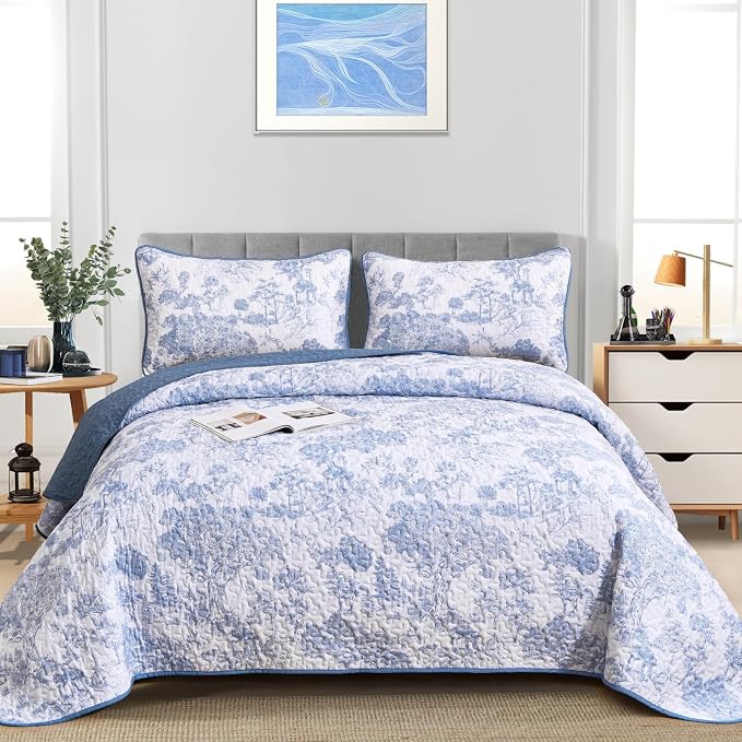 WONGS BEDDING Blue Quilt Set Twin Size, 2 Pieces Botanical Bedspreads Set - Image 2