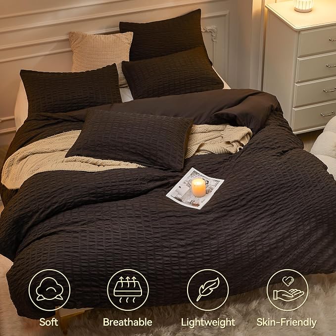 JELLYMONI Black Duvet Cover Twin Size, Soft Breathable Seersucker Duvet Cover - Image 2