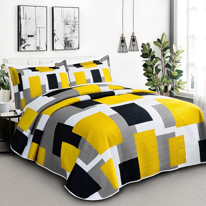 Tyrot 3 Piece Yellow Grey Quilt Set King Size Yellow Gray White Geometric - Image 2