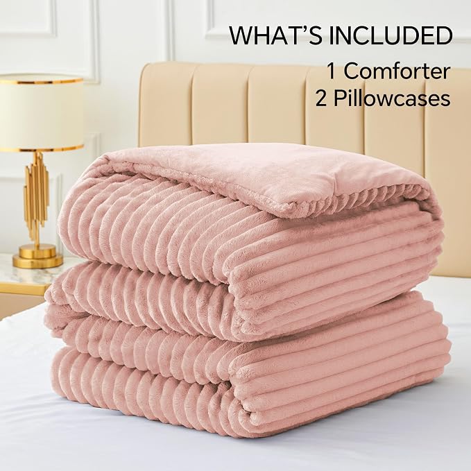 BEDELITE Fleece Queen Comforter Set -Super Soft & Warm Fluffy Dusty Pink Bedding - Image 6