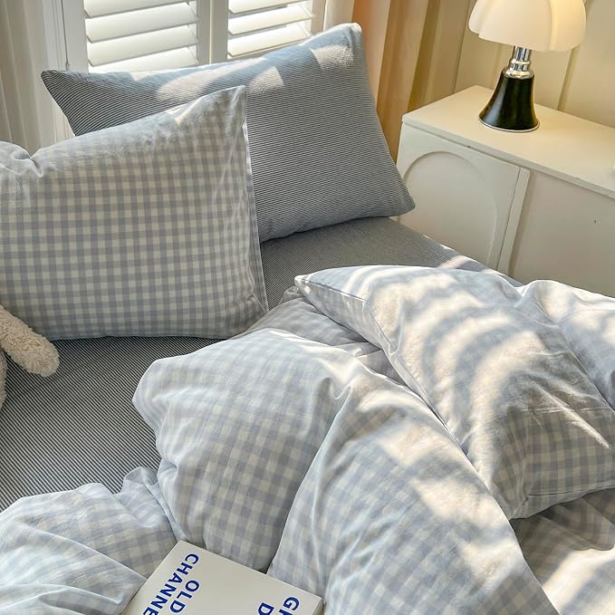 mixinni Light Blue Gingham Duvet Cover Set Twin XL Size - Image 7