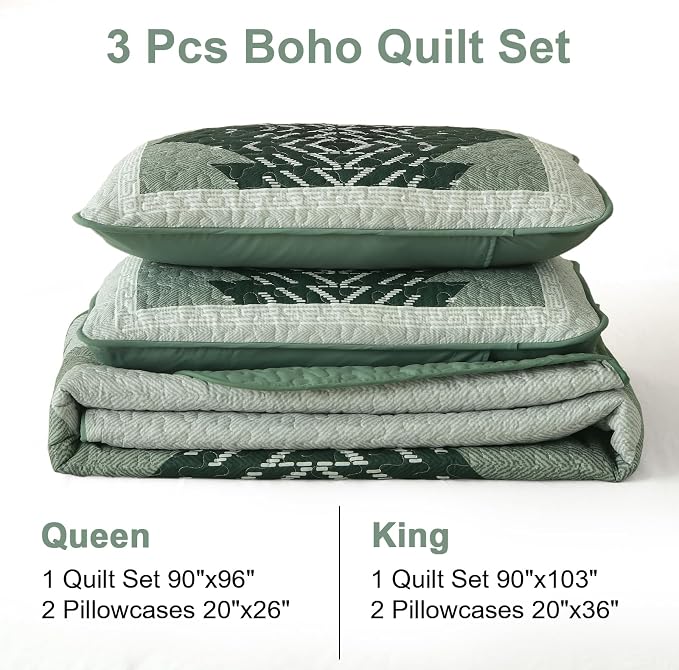 Dintszyayue Green Quilt Set Queen Size, 3 Piece Boho Aztec Texture Bedspread - Image 8