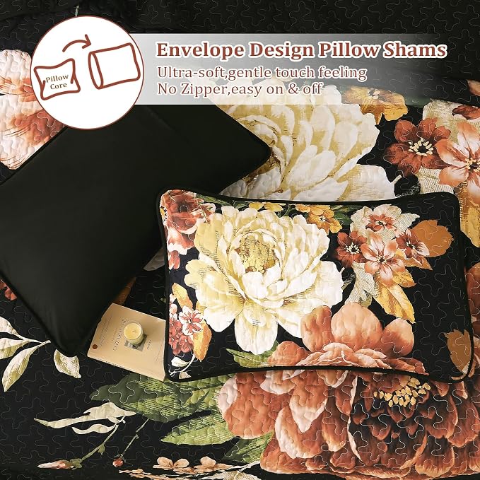 WONGS BEDDING Black Boho Floral Quilt Set Queen, Elegant Gold Flower Bedspread - Image 6