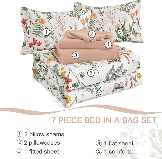Yiran 7 Piece Floral Comforter Set King Size, Botanical Bed in a Bag - Image 7