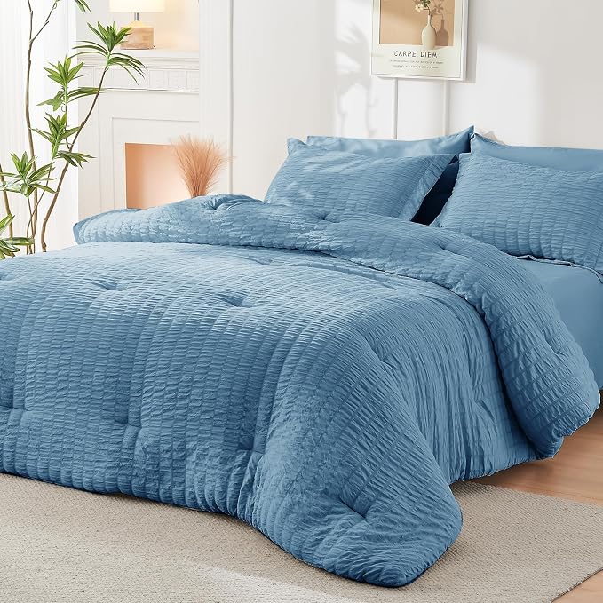 HYMOKEGE Mineral Blue Queen Comforter Set Seersucker 7 Pieces, All Season - Image 8