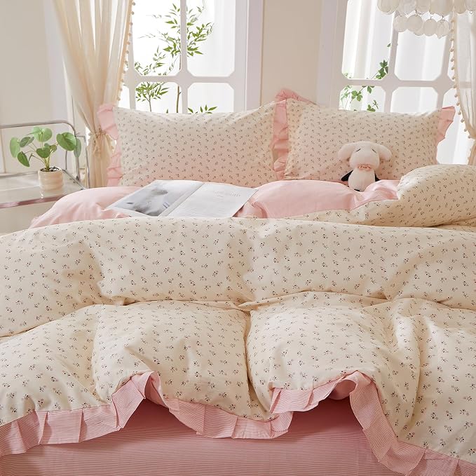 mixinni Pink Floral Duvet Cover Set King Size – 100% Cotton Ruffle Lace Bedding - Image 6