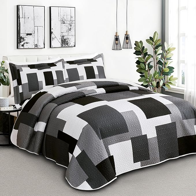 Tyrot 2 Piece Black Grey Quilt Set Twin Size Black White Gray Geometric - Image 2