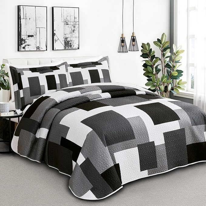 Tyrot 3 Piece Black Grey Quilt Set California King Size Black White Geometric - Image 2