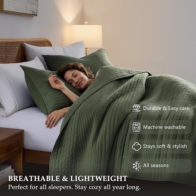 palassio Striped Olive Green 100% Cotton Quilt Queen Size Bedding Sets - Image 5