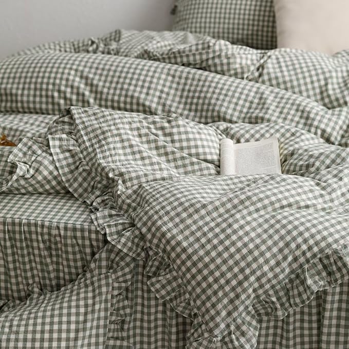 mixinni Green Ruffle Duvet Cover King Size 3 Pieces – 100% Washed Cotton - Image 7
