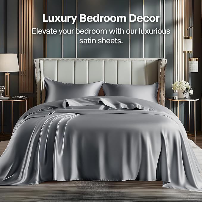 BEDELITE Satin Sheets Queen Size Bed Set, Luxury Soft Dark Grey Silky Sheets - Image 2