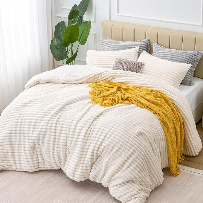 BEDELITE Fleece Full Comforter Set -Super Soft & Warm Fluffy Cream White Bedding - Image 7
