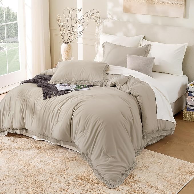 Andency Oatmeal Comforter Set California King, 3 Pieces Boho Tassel Lightweight - Image 6