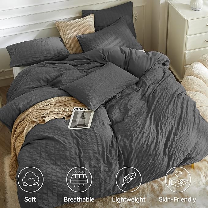 JELLYMONI Charcoal Grey Duvet Cover Twin Size, Soft Breathable Seersucker Duvet - Image 2