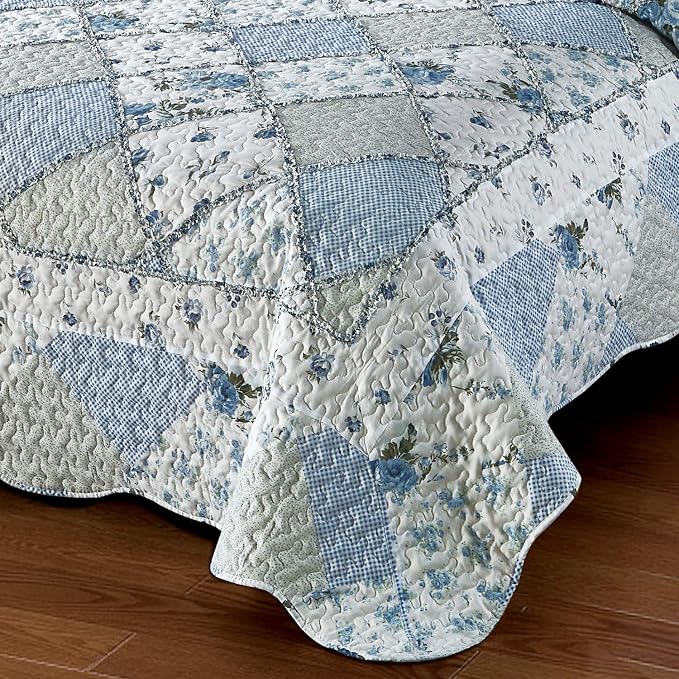 VIVILINEN Blue Floral Patchwork Quilt Set 132x120 Alaska King Size Bedding Set - Image 5