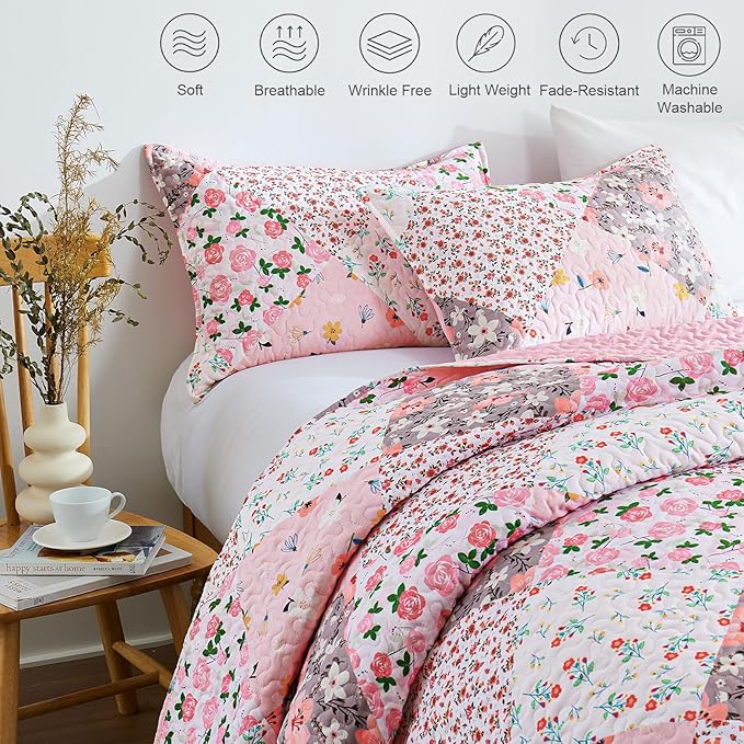 Whale Flotilla Patchwork Quilt King Size, Extra Soft Boho Floral Bedspreads - Image 6