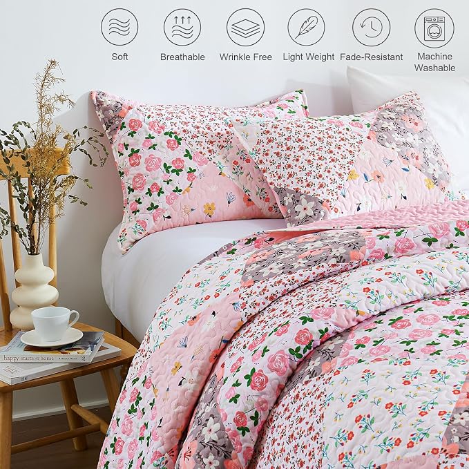 Whale Flotilla Patchwork Quilt Twin Size, Extra Soft Boho Floral Bedspreads - Image 3